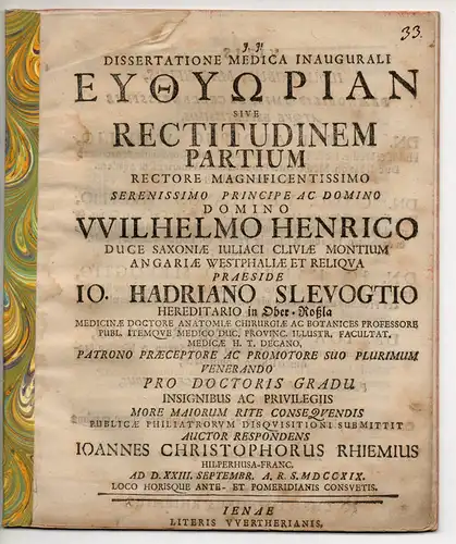 Rhiem, Johann Christoph: aus Hilperhausen: Medizinische Inaugural-Dissertation. Euthyoria sive rectitudo partium. 