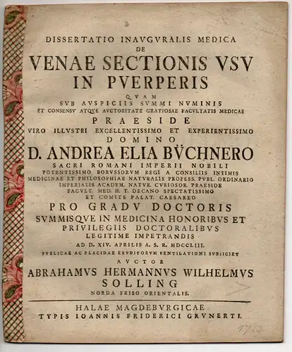 Solling, Abraham Hermann Wilhelm: Medizinische Inaugural-Dissertation. De Venae Sectionis Usu In Puerperis (Über Aderlass bei Wöchnerinnen). 