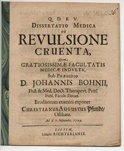 Pfundt, Christian August: aus Oschatz: Medizinische Dissertation. De Revulsione Cruenta. 
