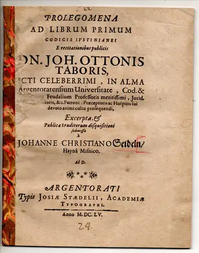 Seidel, Johann Christian: aus Großenhain: Juristische Disputation. Prolegomena ad librum primum codicis Justinianei. 
