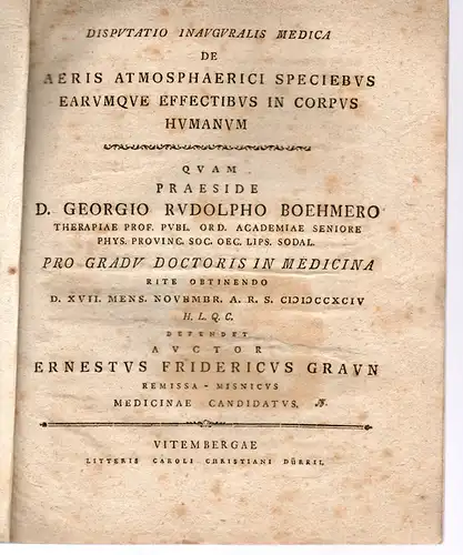 Graun, Ernst Friedrich: Medizinische Disputation. De aeris atmosphaerici speciebus earumque effectibus in corpus humanum. 