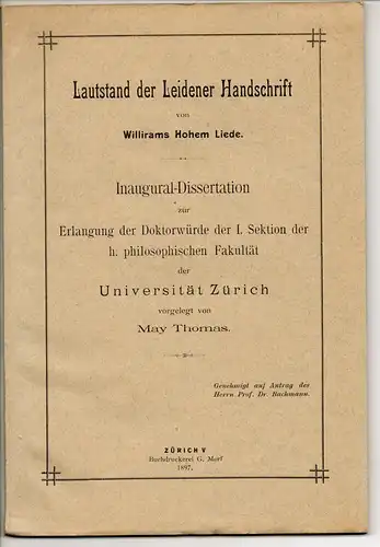 Thomas, May: Lautstand der Leidener Handschrift von Willirams Hohem Liede. Dissertation. 