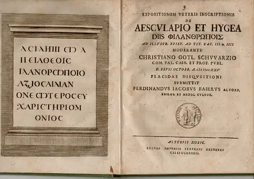 Baier, Ferdinand Jakob: aus Nürnberg: Philosophische Dissertation. Expositionem Veteris Inscriptionis De Aesculapio Et Hygea Diis Philanthropois Ad Illustr. Epist. Ad Tit. Cap. III u. IIII...