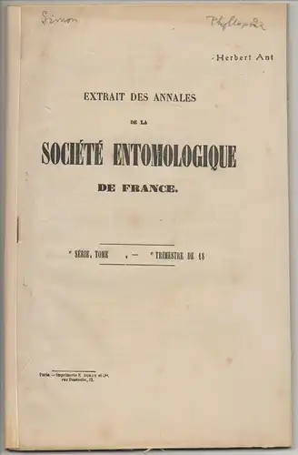 Simon, Eugène Louis: Étude sur les crustacés du sous-ordre des Phyllopodes. Sonderdruck aus: Annales de la Société entomologique de France", 6e série, T. VI, 393-460. 