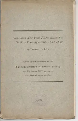 Bean, Tarleton H: Notes upon New York fishes received at the New York Aquarium, 1895-1897. Sonderdruck aus: Bulletin of the American Museum of Natural History 9, 327-375. 