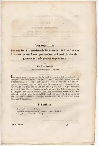 Martens, Eduard von: Verzeichnis der von Dr. E. Schweinfurth im Sommer 1864 auf seiner Reise am rothen Meere gesammelten und nach Berlin eingesendeten zoologischen Gegenstände...