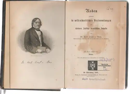 Baer, Karl Ernst von: Reden gehalten in wissenschaftlichen Versammlungen und kleinere Aufsätze vermischten Inhalts Theil 1. Reden gehalten in wissenschaftlichen Versammlungen : u. kleinere Aufsätze.. 
