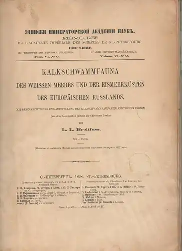 Breitfuss, Leonid L: Kalkschwammfauna des Weissen Meeres und der Eismeerküsten des europäischen Russlands : mit Berücksichtigung und Aufstellung der Kaklschwammfauna der arktischen Region. Zapiski Imperatorskoj.. 