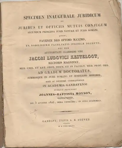 Moyson, Johannes Baptista: aus Gent: De iuribus et officiis mutuis coniugum  secundum principia iuris naturae et iuris Romani. Dissertation. 