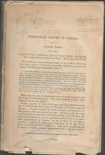 Billings, E: Geological Survey of Canada, Palaeozoic fossils I. On some new or little-know species of Lower Silurian fossils from the Potsdam group (Primordial zone). 