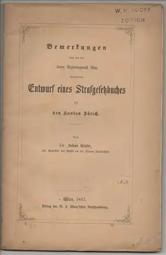 Glaser, Julius: Bemerkungen über den von Herrn Regierungsrath Leng bearbeiteten Entwurf eines Strafgesetzbuches für den Kanton Zürich. 