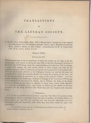 Carpenter, P. Herbert: On the Genus Actinometra, Müll., with a Morphological Account of a new Species (A.) polymorpha from the Philippine Islands, part I. Sonderdruck.. 