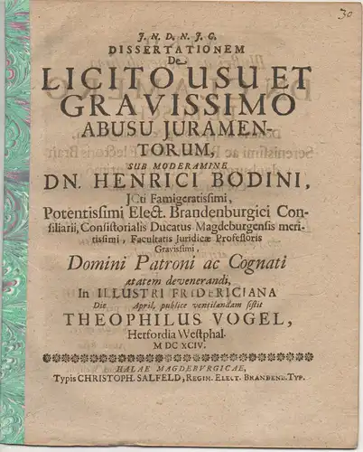 Vogel, Theophil: aus Herford: Juristische Dissertation. De licito usu et gravissimo abusu iuramentorum. 