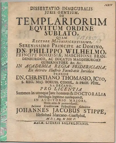 Stippe, Johann Jacob: aus Iserlohn: Juristische Inaugural-Dissertation. De Templariorum equitum ordine sublato. 