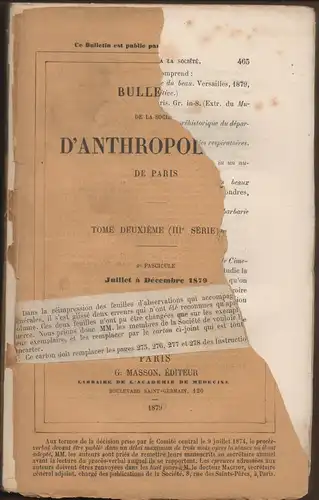 Broca, Paul (dir.): Bulletins de la Société d'anthropologie de Paris tome deuxième (III° série) 4 fascicule - Juillet à Décembre 1879. 