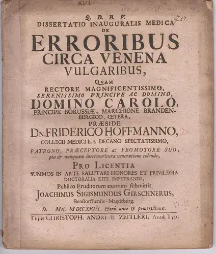 Girschner, Joachim Sigismund: Benstorf/Mageburg: Medizinische Inaugural-Dissertation. De erroribus circa venena vulgaribus. 