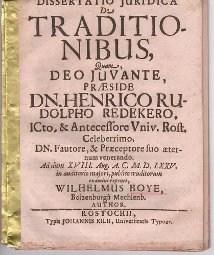 Boye, Wilhelm: aus Boizenburg: Juristische Dissertation. De traditionibus. 
