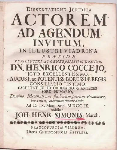 Simonis, Johann Heinrich: aus Mark: Juristische Dissertation. Actorem ad agendum invitum. 