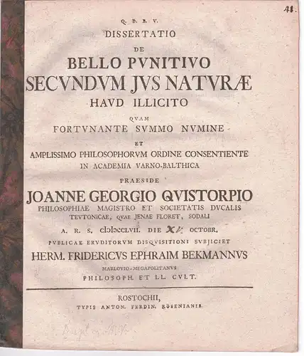 Bekmann, Hermann Friedrich Ephraim: aus Marlow: Juristische Dissertation. De bello punitivo secundum ius naturae haud illicito. 