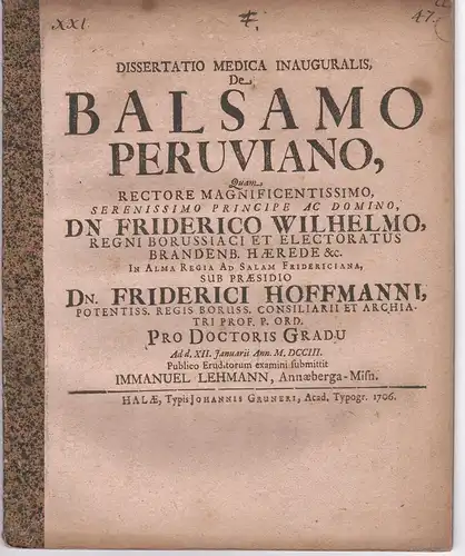 Hoffmann, Friedrich: Juristische Inaugural-Dissertation. De balsamo peruviano. 