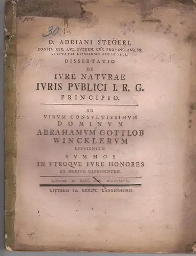 Steger, Adrian: De iure naturae iuris publici I. R. G. principio. 