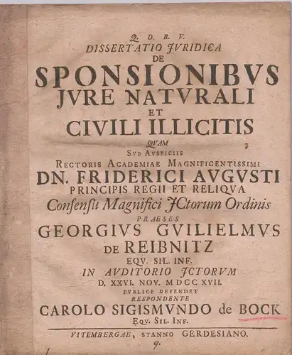 Bock, Carl Sigismund von: Juristische Dissertation. De sponsionibus iure naturali et civili illicitis. 