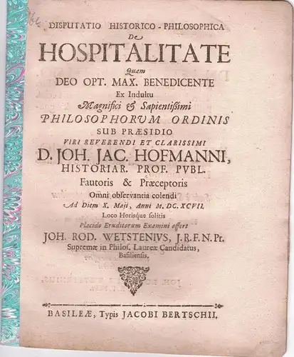 Wetstein, Johann Rudolf: Disputatio Historica-Philosophica De Hospitalitate. 