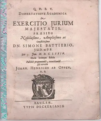 Oppen, Johann Heinrich von: Juristische Dissertation. De exercitio iurium maiestatis. 
