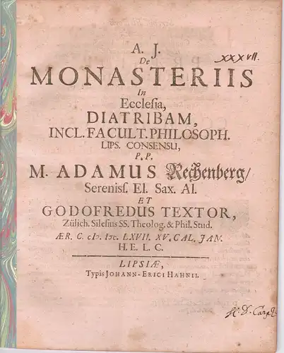 Textor, Gottfried: aus Züllichau: Philosophische Disputation. De monasteriis in ecclesia, diatribam. 