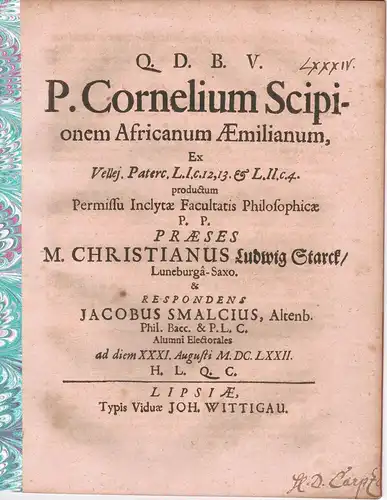 Schmaltz, Jacob: Philosophische Disputation. P. Cornelium Scipionem Africanum Aemilianum ex Vellej. Paterc L. 1. c. 12. 13. et L. 2. c. 4. productum. 