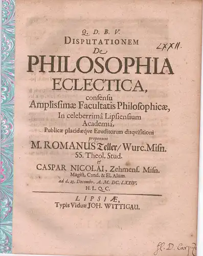 Nicolai, Caspar: Aus Zehmen: Philosophische Disputation. De philosophia eclectica. 