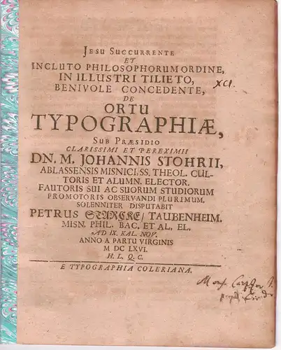 Starcke, Petrus (Peter): aus Taubenheim: Philosophische Disputation. De ortu typographiae. 