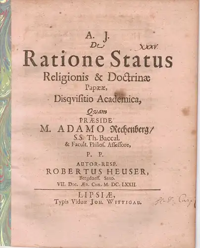 Heuser, Robert: Bergdorf, Sachsen: De ratione status religionis & ecclesiae papaeae disquisitio academica. 