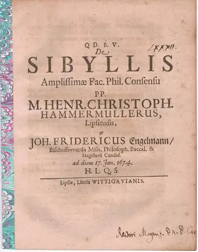 Engelmann, Johann Friedrich: aus Bischofswerda: Philosophische Disputation. De Sibyllis. 