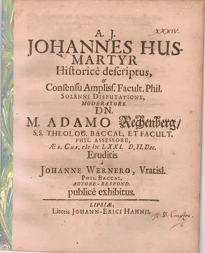 Werner, Johannes: aus Breslau: Philosophische Disputation. Johannes Hus - martyr historicè descriptus. 