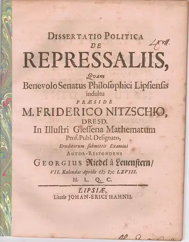 Riedel von Leuenstern, Georg: Dissertatio politica de repressaliis. 