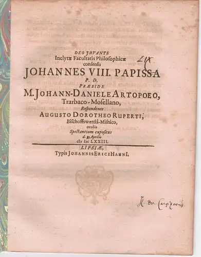 Ruperti, August Dorotheus: aus Bischofswerda: Philosophische Disputation. Johannes VIII. papissa. 