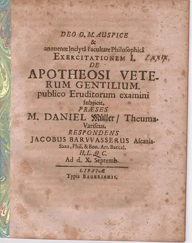 Barwasser, Jacob: aus Aschersleben: Exercitatio 1. De apotheosi veterum gentilium. 