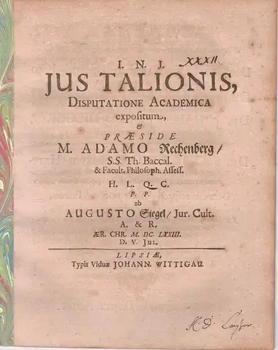 Siegel, August: Philosophische Disputation. Ius Talionis. 