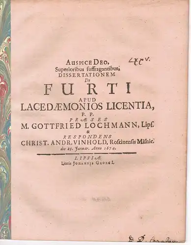 Vinhold, Christian Andreas: aus Rostock: Philosophische Dissertation. De furti apud Lacedaemonios licentia. 