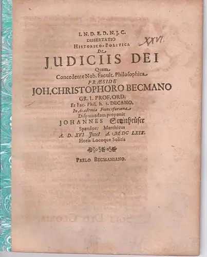 Steinheuser, Johann: aus Spandau: Dissertatio Historico-Politica De Iudiciis Die. 