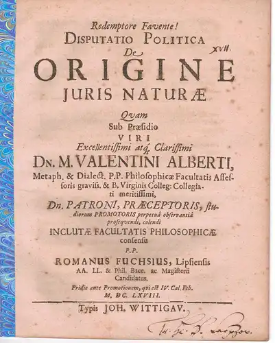 Fuchs, Roman: aus Leipzig: Dissertatio politica, De origine iuris naturae. 