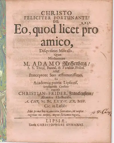 Franckenstein, Christian Friedrich: De eo, quod licet pro amico, disquisitio moralis. 