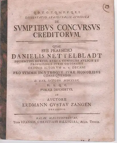 Zangen, Erdmann Gustav: aus Dresden: De sumptibus concursus creditorum. 