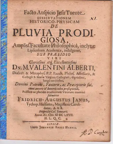 Jahn, Friedrich August: Dissertationem historico-physicam, de pluvia prodigiosa. 