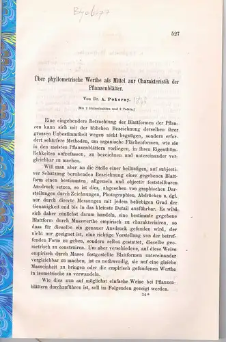 Pokorny, Alois: Über phyllometrische Werthe als Mittel zur Charakteristik der Pflanzenblätter. Sonderdruck aus: Sitzungsberichte d. k. Akademie d. Wissenschaften 72,1 (1875), S. 527-547. 