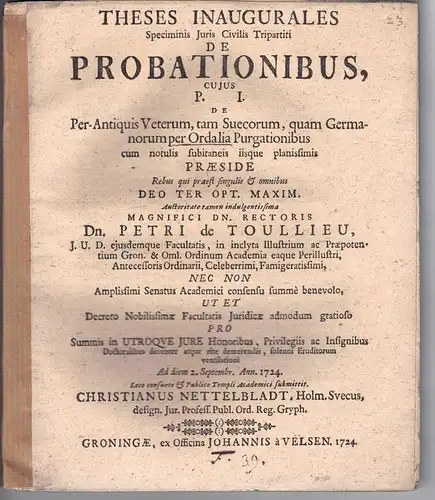 Nettelbladt, Christian: aus Stockolm: Juristische Thesen. De probationibus cuius p. I. 