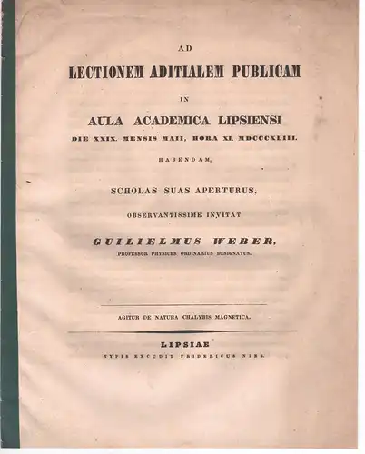 Weber, Wilhelm: Agitur de natura chalybis magnetica. Universitätsprogramm. 