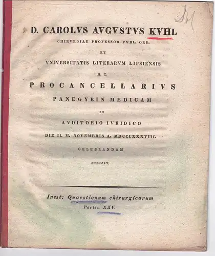 Kuhl, Karl August: Quaestionum chirurgicarum partic.25: De prognosi in morbis chirurgicis cautissime sistenda, Part. 6. Promotionsankündigung von Woldemar Ludwig Grenser aus Dresden. 