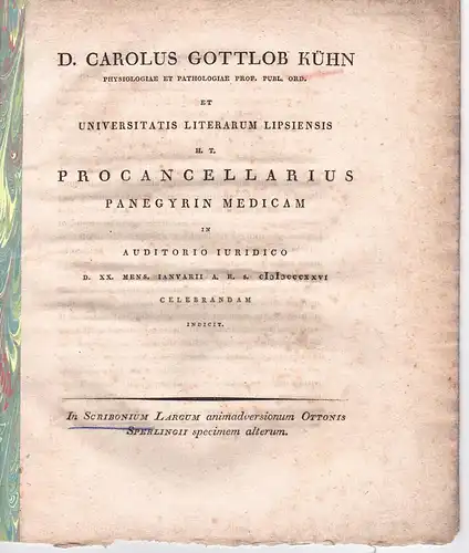 Kühn, Carl Gottlob: In Scribonium Largum animadversionum Ottonis Sperlingii, specimem altertum. Promotionsankündigung von Abraham Berg aus Brody. 